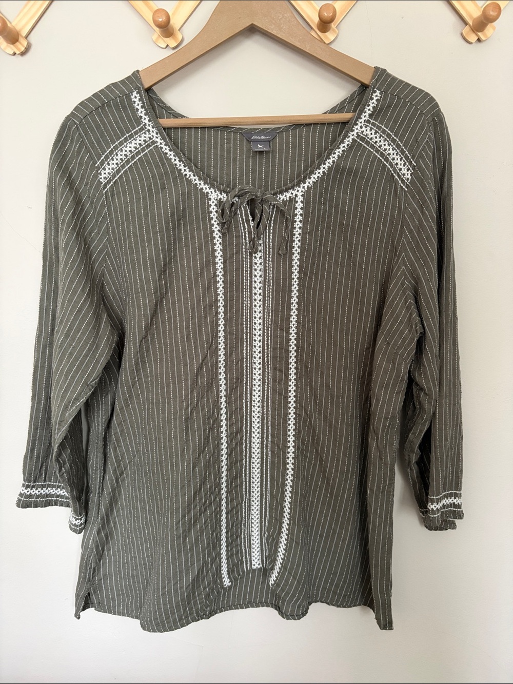 Eddie Bauer Olive Green Striped Peasant Top with White Embroidery